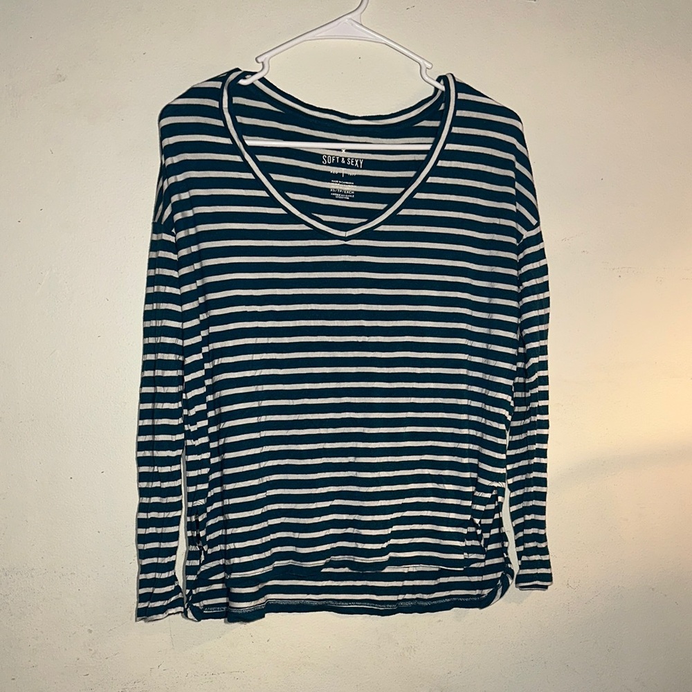 American Eagle Outfitters Navy and White Striped Long Sleeve Tee